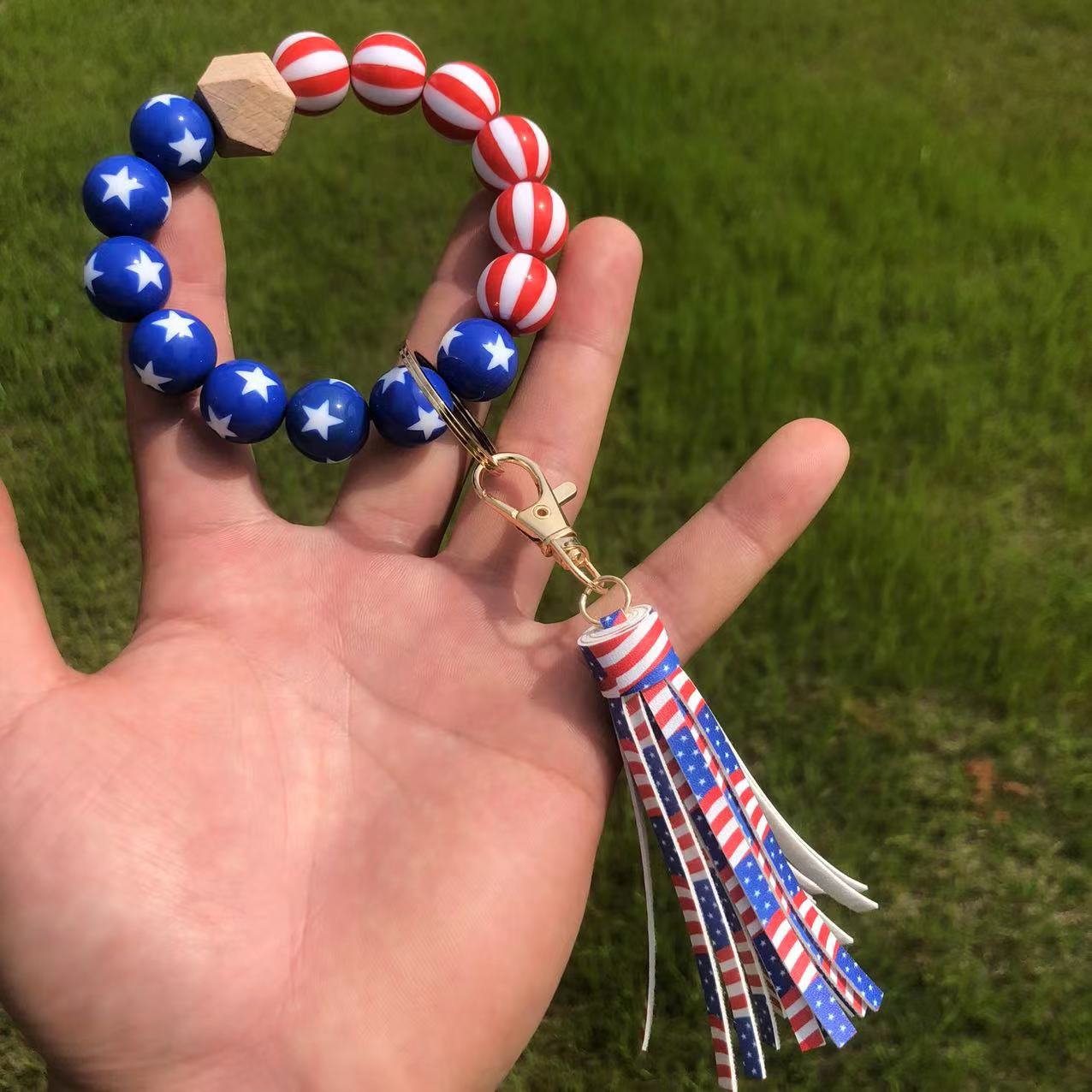 Wholesale Independence Day Wooden Beads Beaded Wrist Keychain